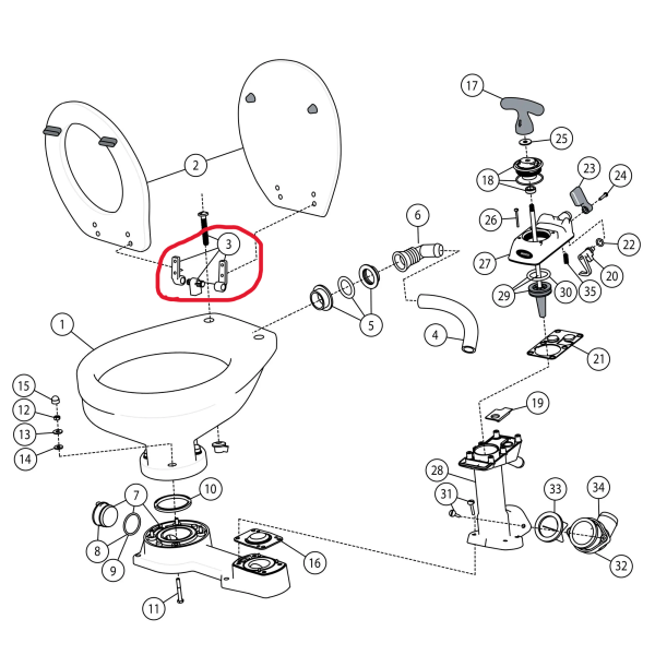 Scharnieren set voor 29090-3000 toilet (compact) - Jabsco scheepstoilet onderdelen twist lock overzichts tekening - SC290981000