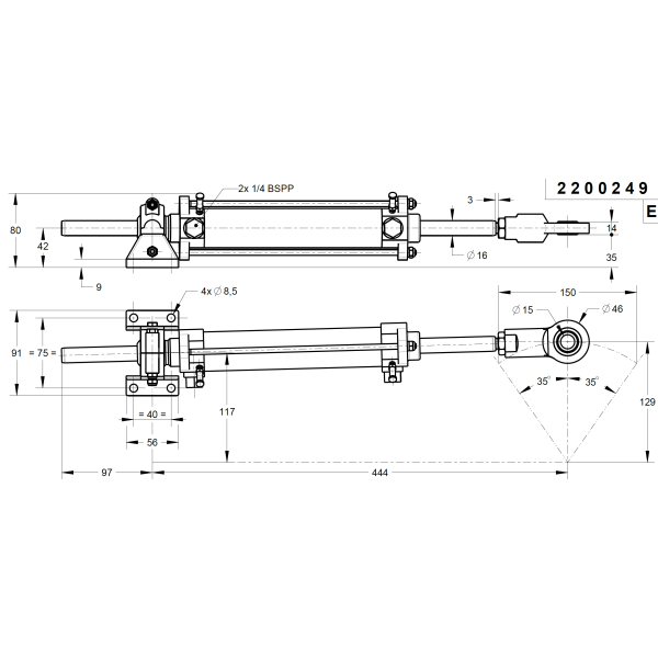 L&S stuurcilinder  - Ls2200249b ls stuurcilinder tekening - LS2200249B